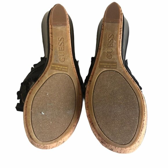 Guess Wedges Sandals Womens Size 8 Black Cork Shiny Summer - Picture 6 of 16